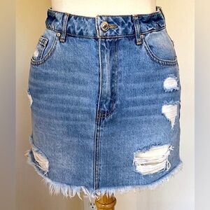 Forever 21 Blue 27 Edgy Boho Festival Grunge Distressed Fringe Mini Jean Skirt